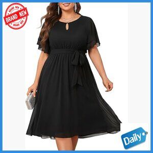 Plus Size Chiffon Cocktail Dress Keyhole Neck High Waist Midi Wedding Guest